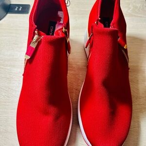 DKNY Red Knit Slip-On Wedge Sneakers with Gold Zippers